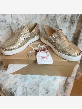 Christian Louboutin Pik Boat slip-on Spiked Leather Sneakers Silver Gold EU 37.5